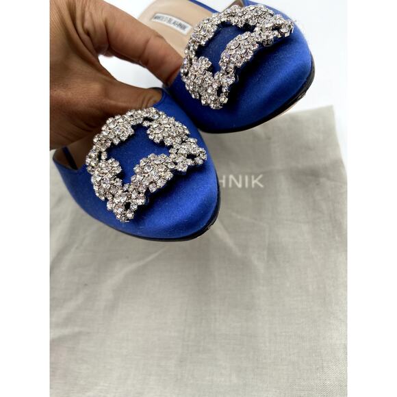 Manolo Blahnik Blue Satin Jewel Buckle Mules size 38 - Picture 4 of 13